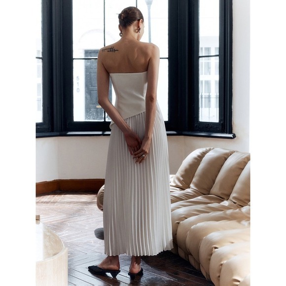 Commense White Strapless Pleated Maxi Dress with Slit Elegant Party‎ Cocktail S - Picture 3 of 12